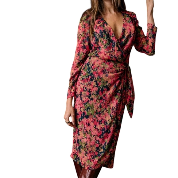 Sezane Dresses & Skirts - Sézane Armonie Dress Floral Faux Wrap Midi Red Pink Black Feminine Women's 38